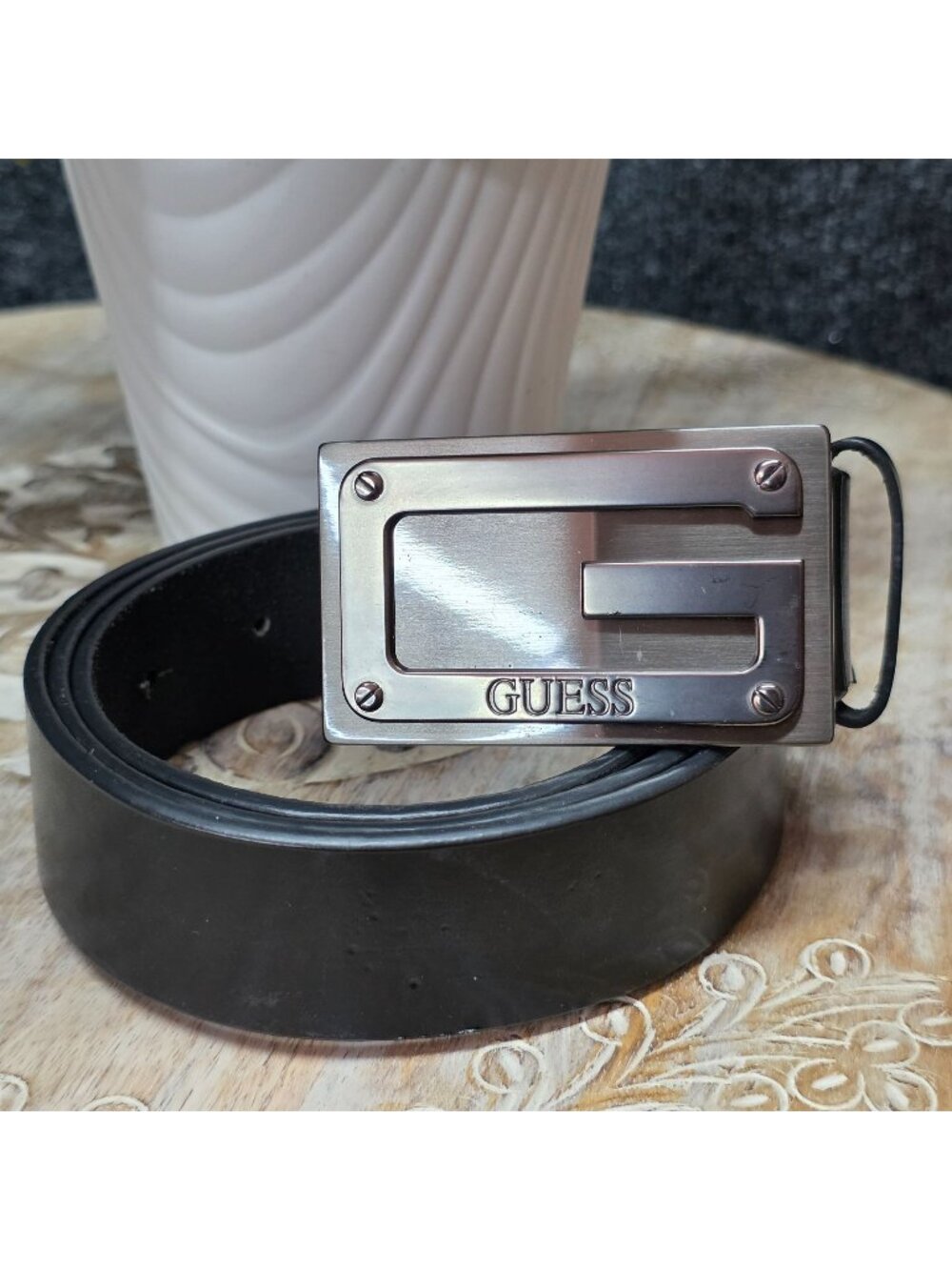 Guess Black Genuine Leather G Logo Plaque Belt Silver Buckle Size 38 Casual Mod
